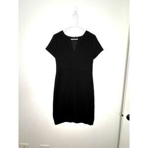 Ann Taylor Black Sheath Dress Sz 6 Front Slit V Neck Stitch Detail-Neck/waist